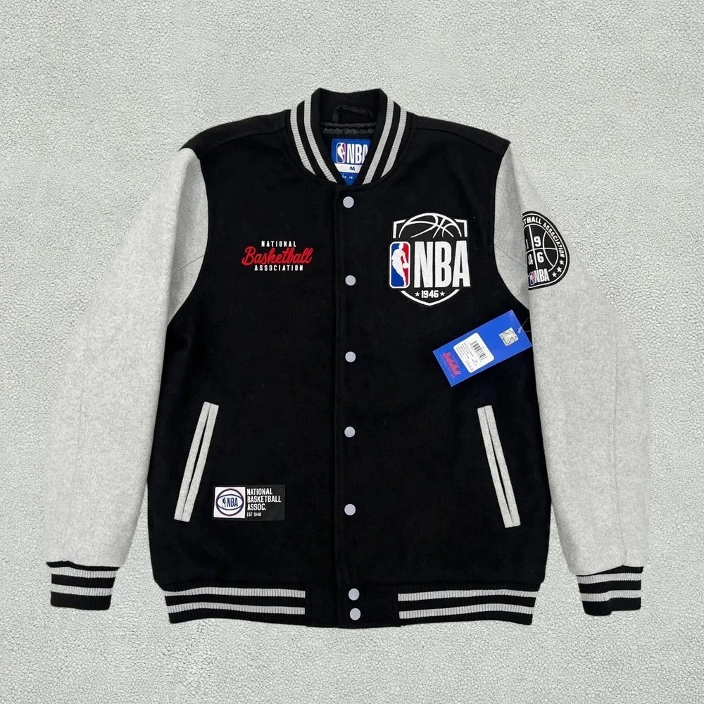 NBA Final Boss Varsity Letterman Jacket Mens M Black Grey Snap Front Bomber NWT